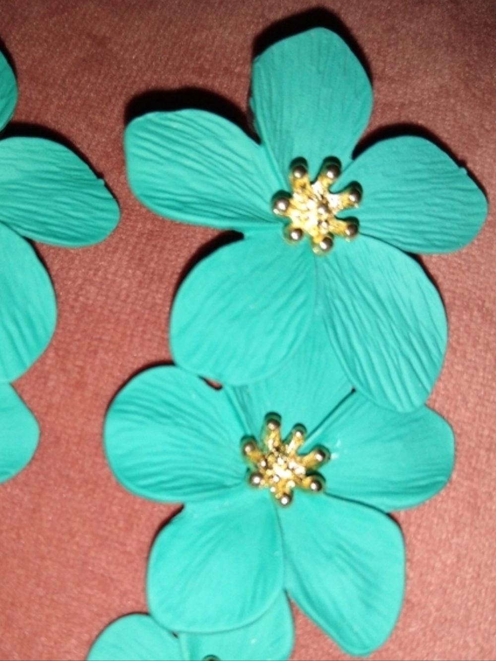 Big Aqua Blue Turquoise Triple Flower Blossom Earrings 3D Large Floral 3 Flowers - Picture 4 of 5